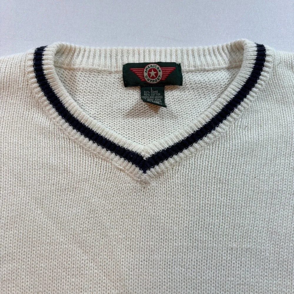 American Outpost V-Neck Sweater Mens Large Cream Navy Cotton Ramie Knit Pullover